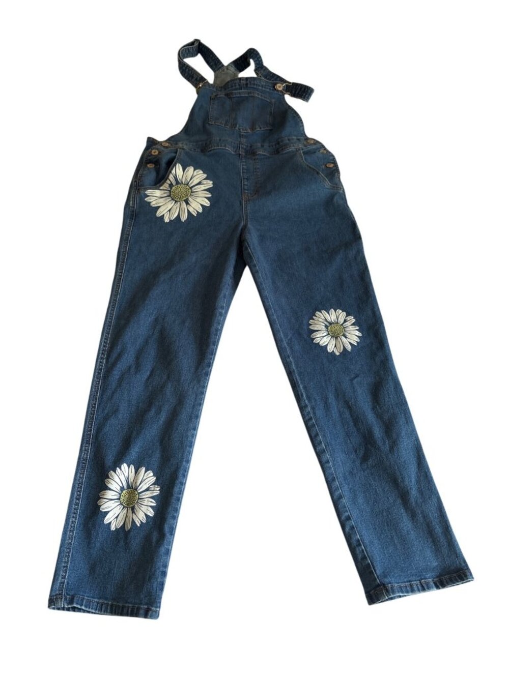 Denim Overalls Daisy Print Adjustable Straps Side Button Front Pocket Womens